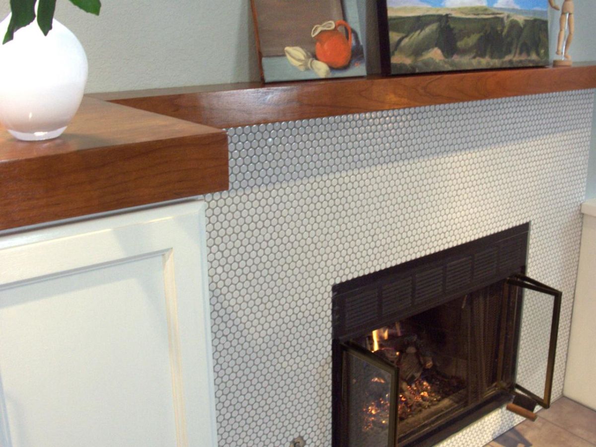 Fireplace penny tiles wrap