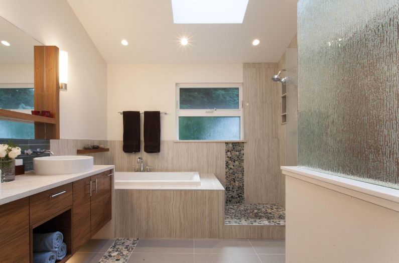 Floating bathroom cabinet and rain glass for privacy