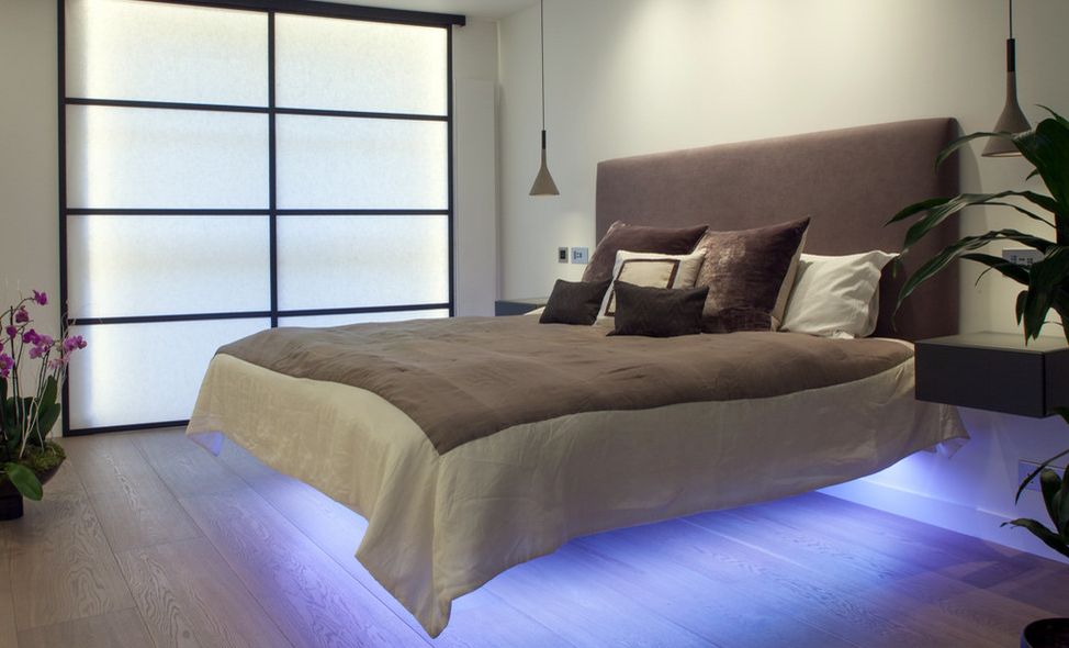 Floating bed with LED light under