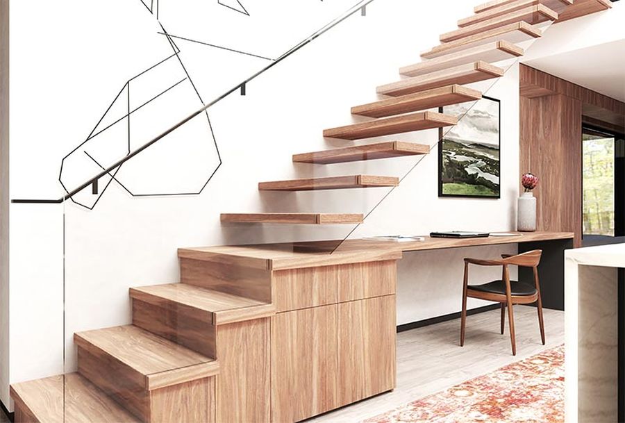 Floating staircase with desk and glass railing