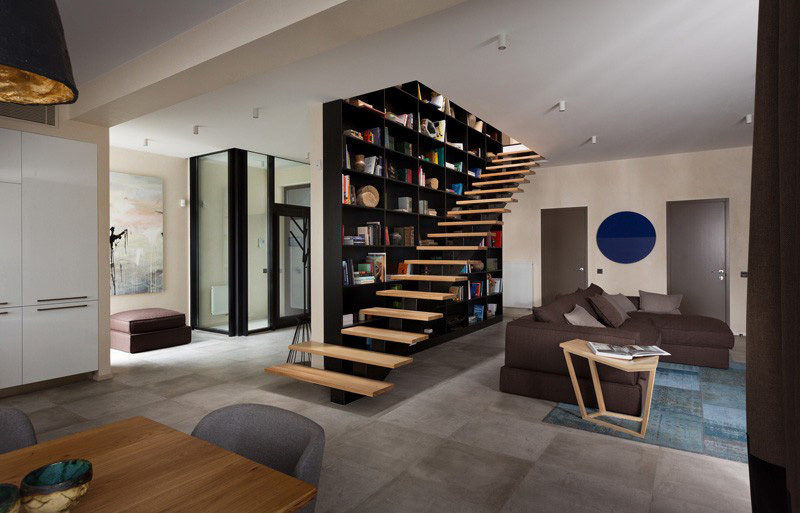 Floating stairs closer to bookshelf and whitout railing