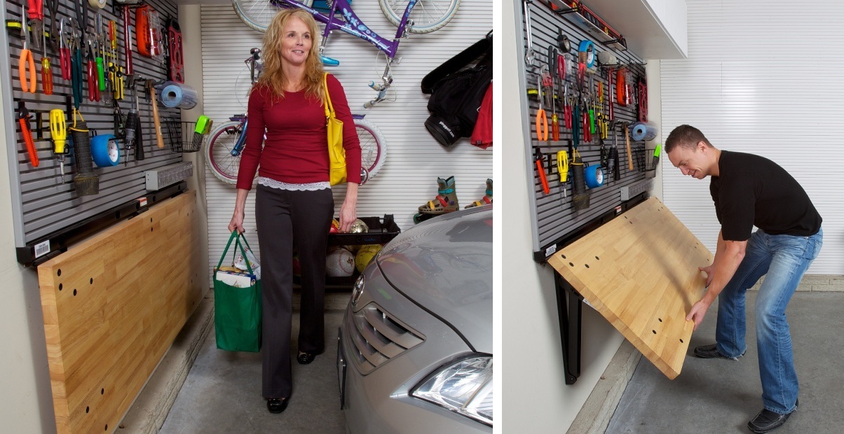 Fold down garage workbench