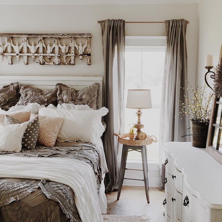 French country bedroom piled pillows