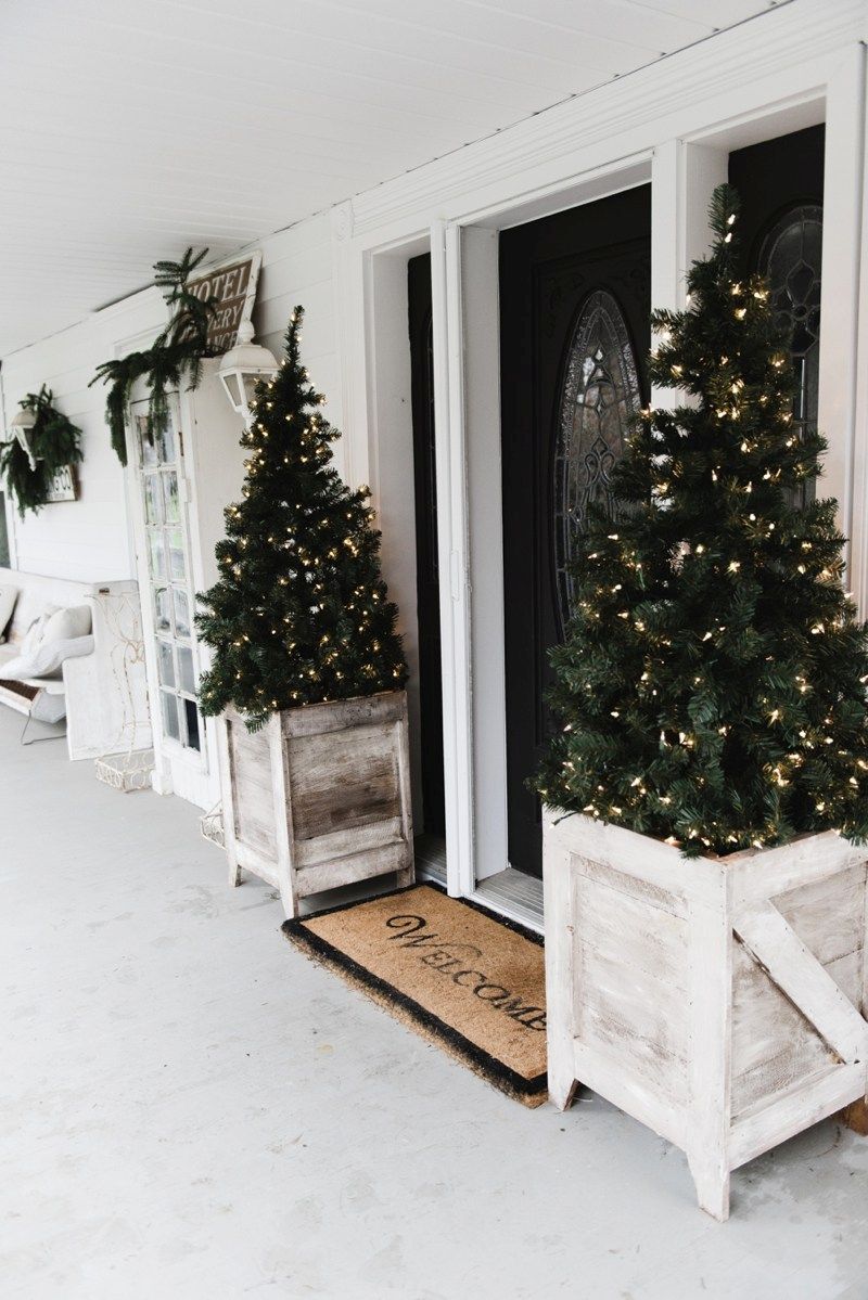 Front door of the house with reclaimed woot poted trees