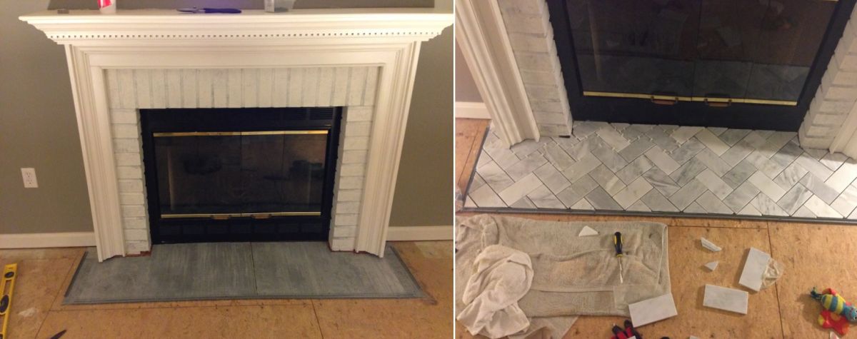 Front of the fireplace chevron floor makeover