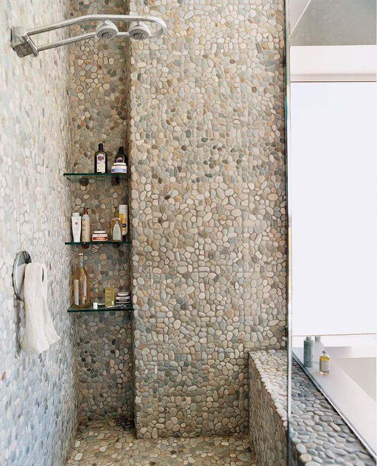 Full pebble tile shower design