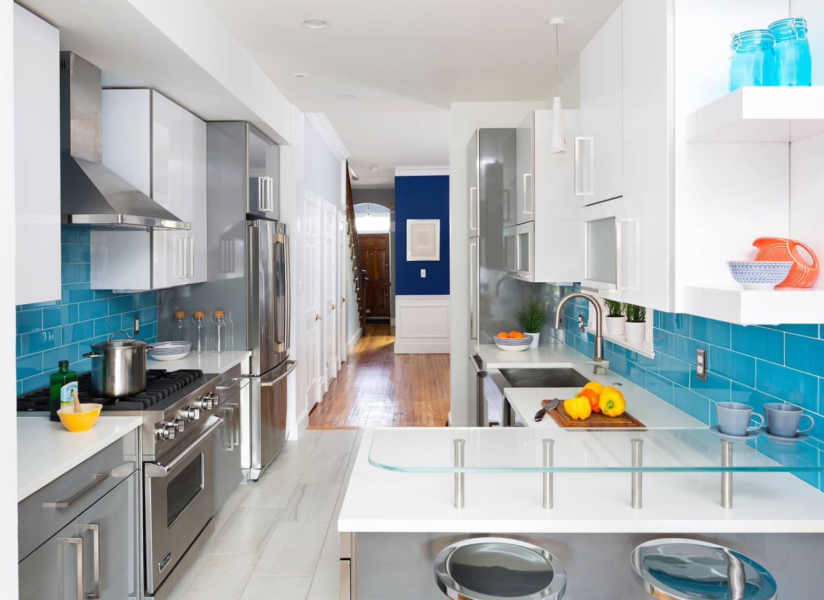 Ideas for a galley kitchen to add a pop of color.