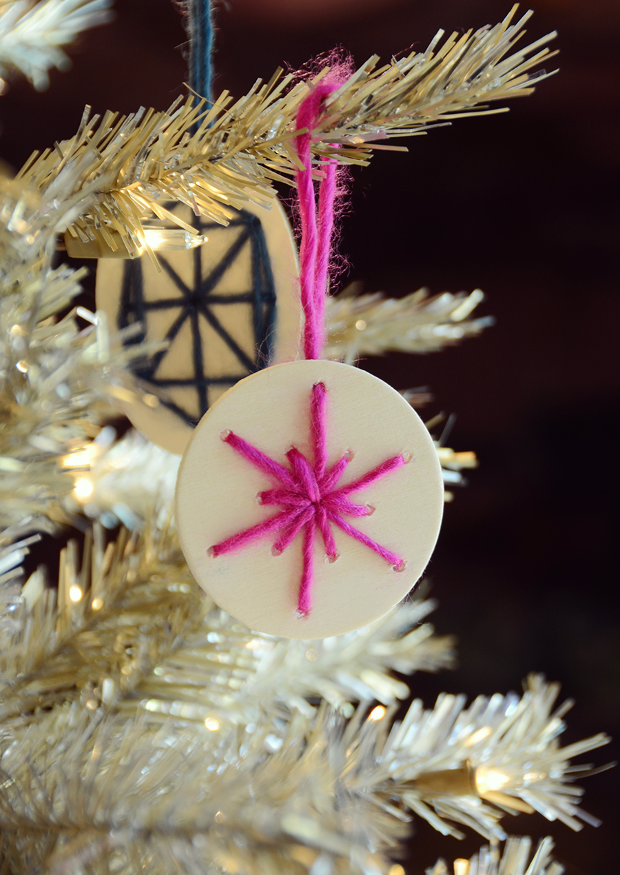 Geometric Hand-Stitched Wooden Ornaments