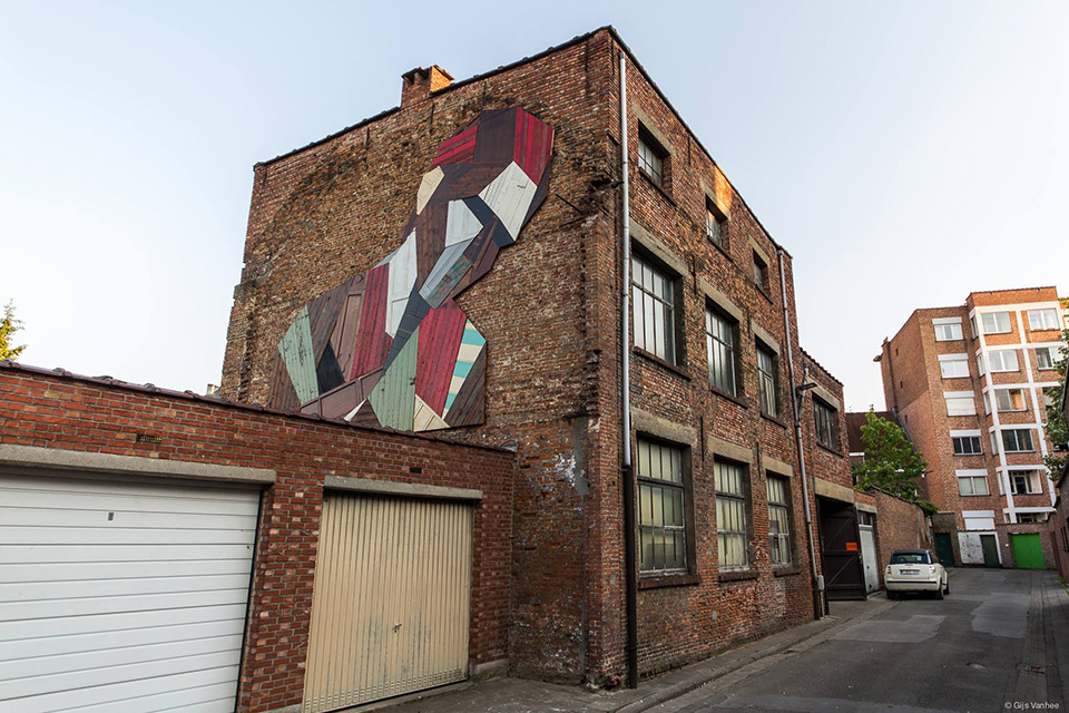 Geometric wall art from old doors