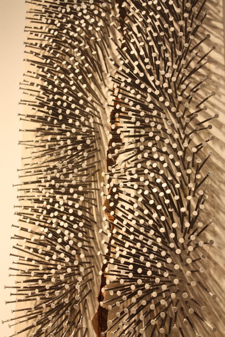Plain nails, combined with paint and the board's fissure make for an exceptional piece.