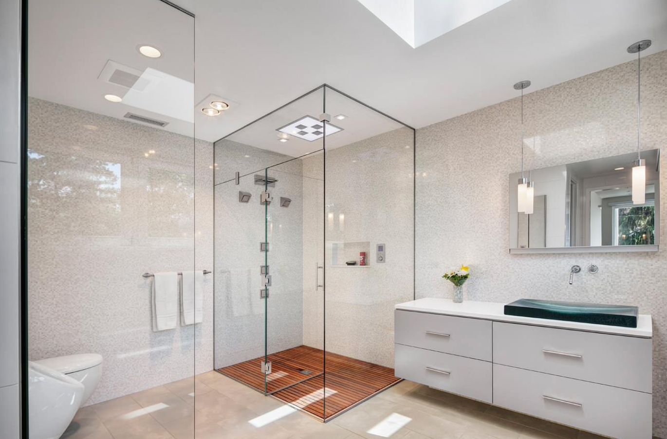 Glass shower box and wood desk