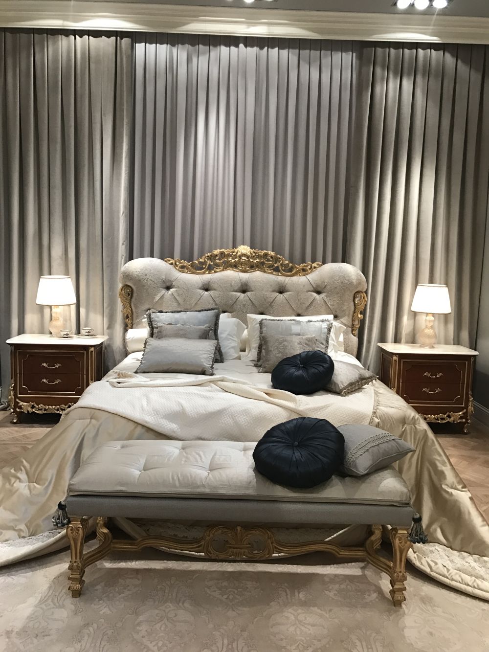 Gold baroque style bedroom bed and tufted headboard