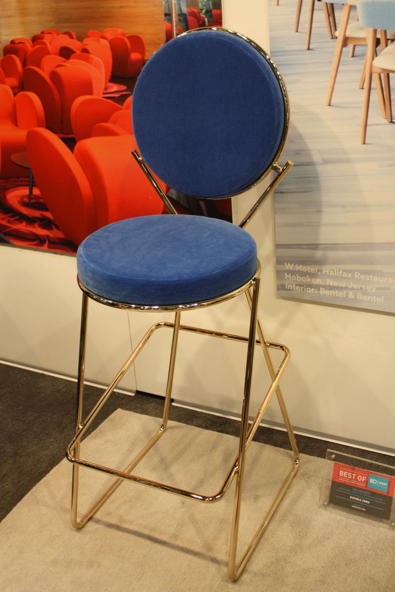 Gold hairpin legs bar stool with blue seat