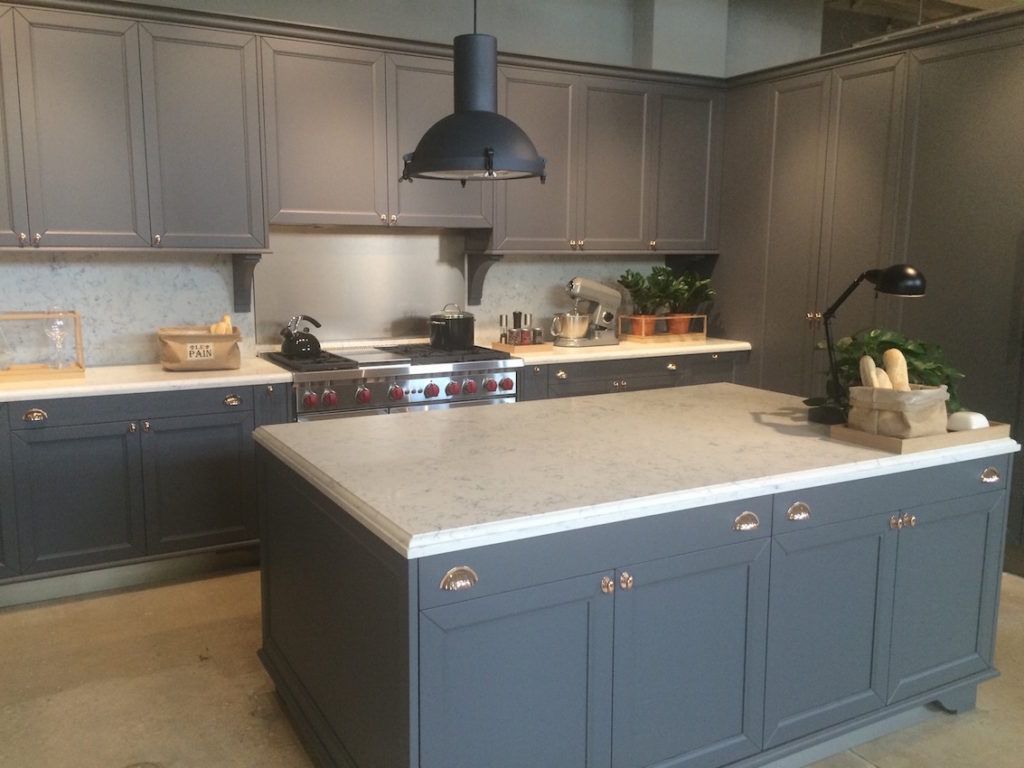 Gray Kitchen cabinet with marble countertop