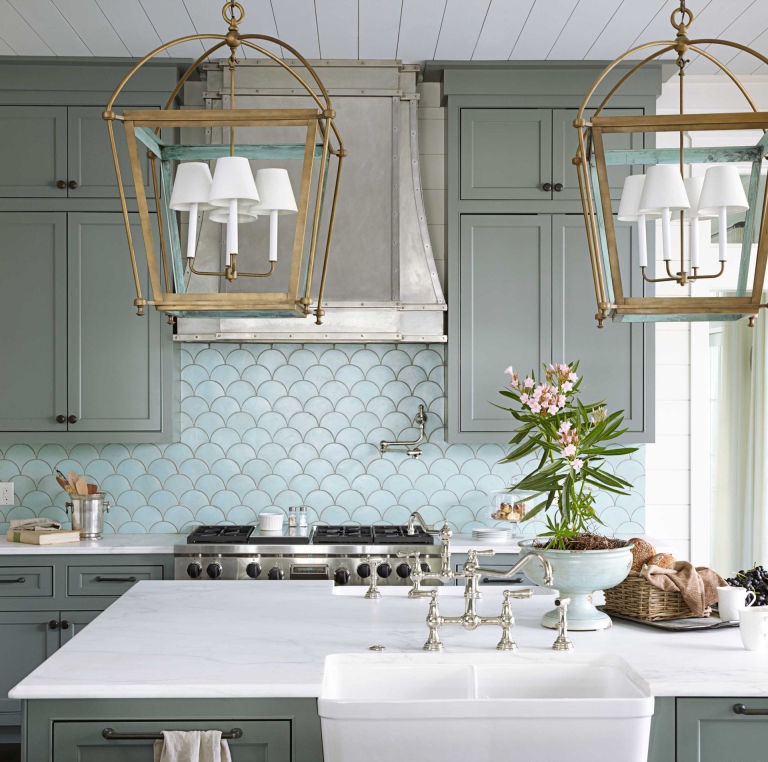 Gray and green fish scale tiles for backsplash