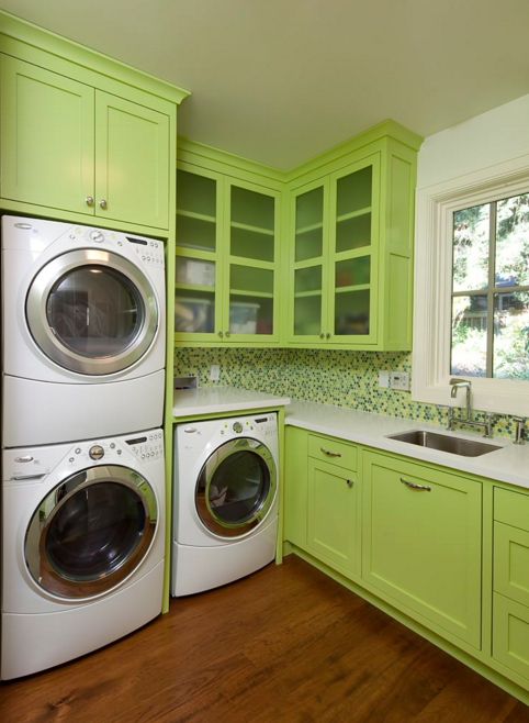 Green Laundry Room Design With Stacked washer