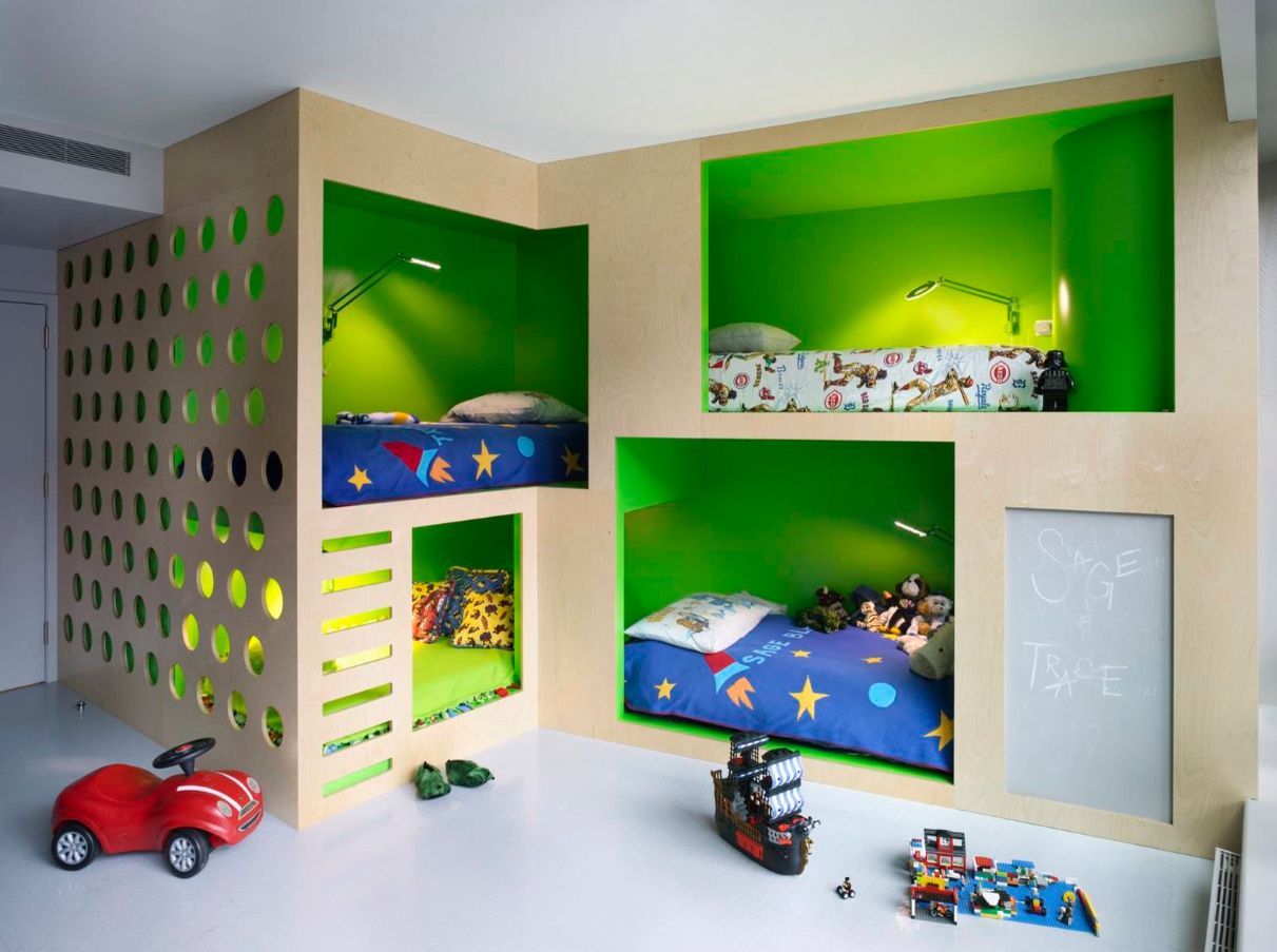 Green bunk beds buil in design