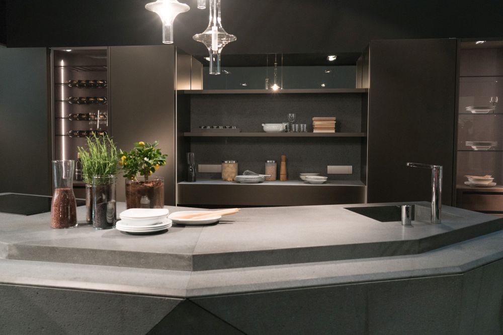 Grey Kitchen countertop for a diamond shapped island