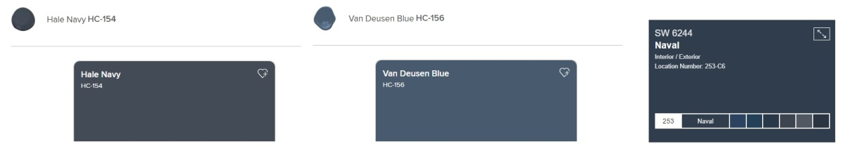 Hale Navy and Van Deusen Blue from Benjamin Moore and Navel from Sherwin Williams