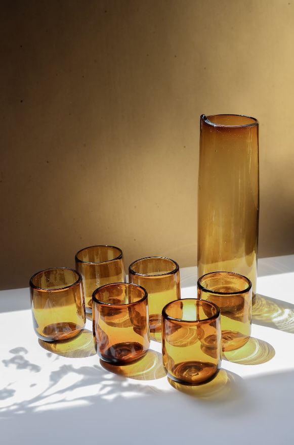 Hand-Blown Amber Glassware