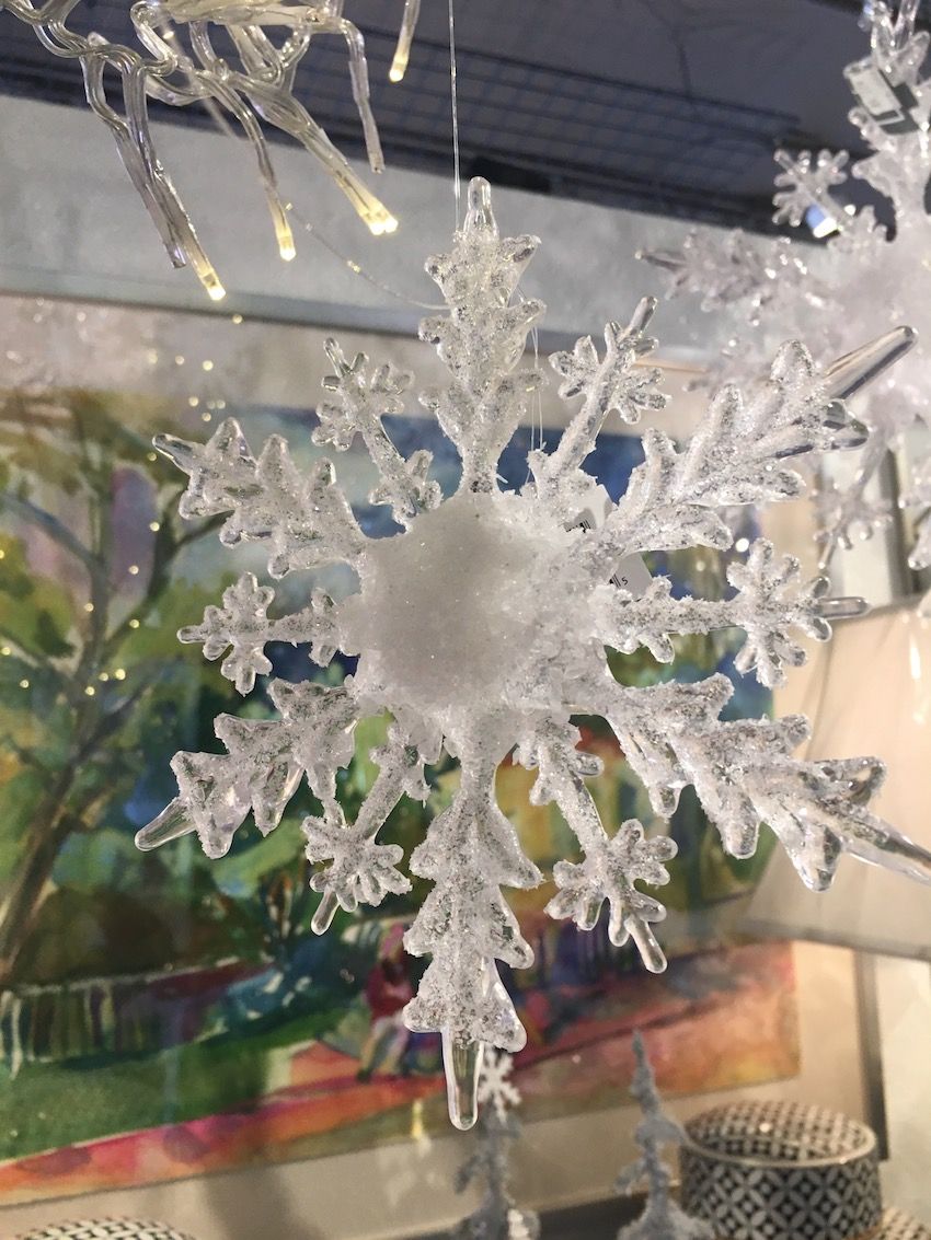 Snowflakes that look like giant ice crystals can go on the tree or hang from the ceiling nearby.