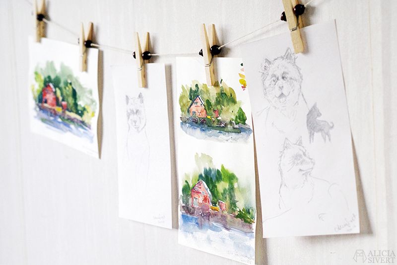 Hanging kids art with clothespin