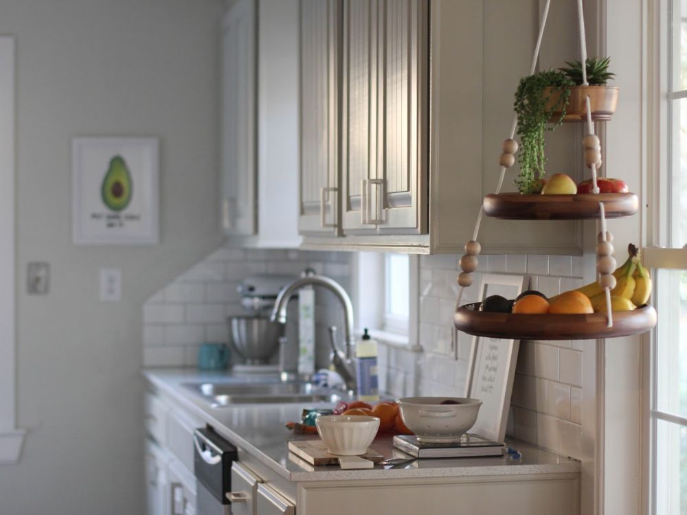 Hanging wooden fruit bowls