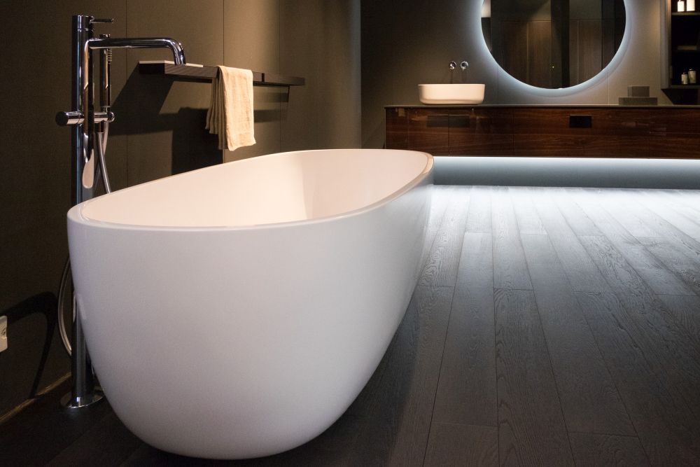 Hardwood floor for bathroom and led light under cabinets