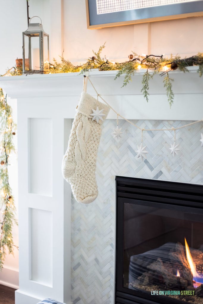 Herringbone Marble Tile Fireplace