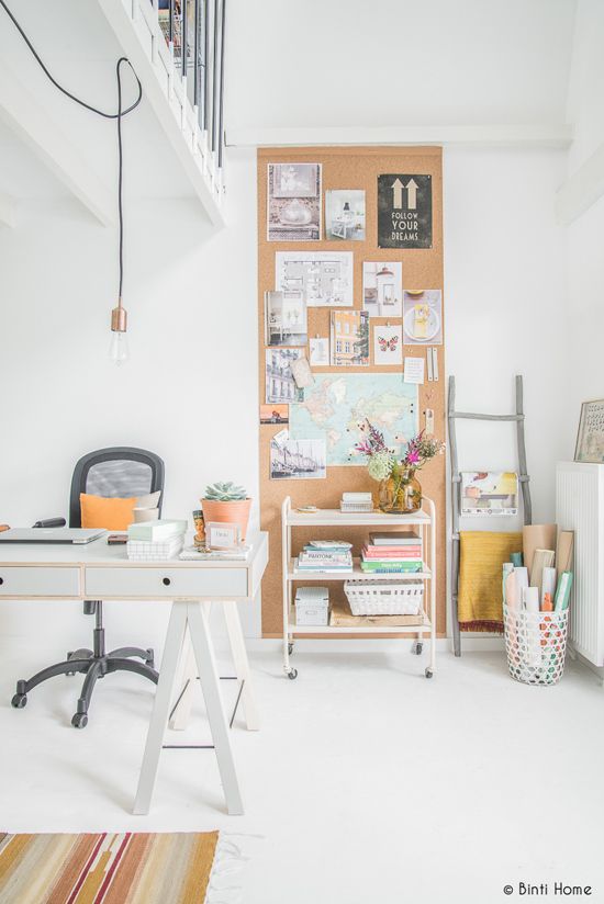 High ceiling room with cork wall