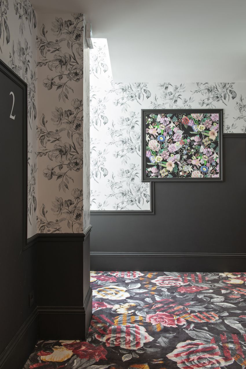 The hallways carry through the edgy botanical theme.