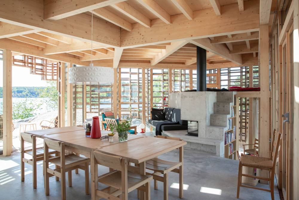 House on an Island cabin by Atelier Oslo fireplace