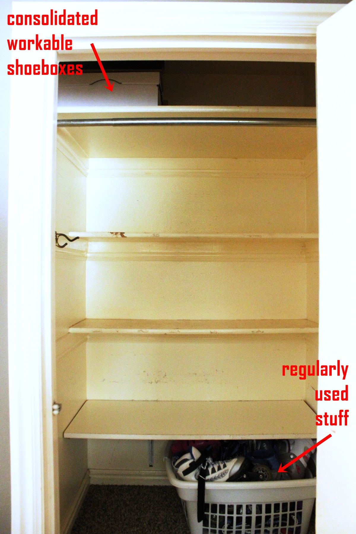 How to Declutter a Closet Shoe boxes are placed on the top shelf