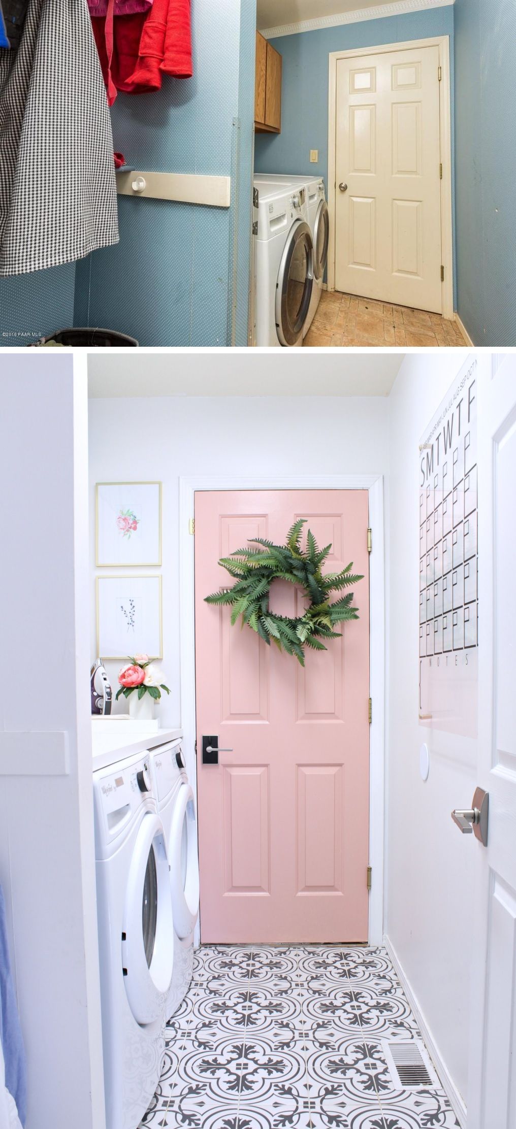 Huge laundry room makeover with pink door