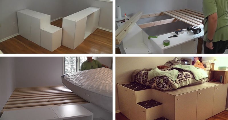 Ikea kitchen cabinets into a platform bed