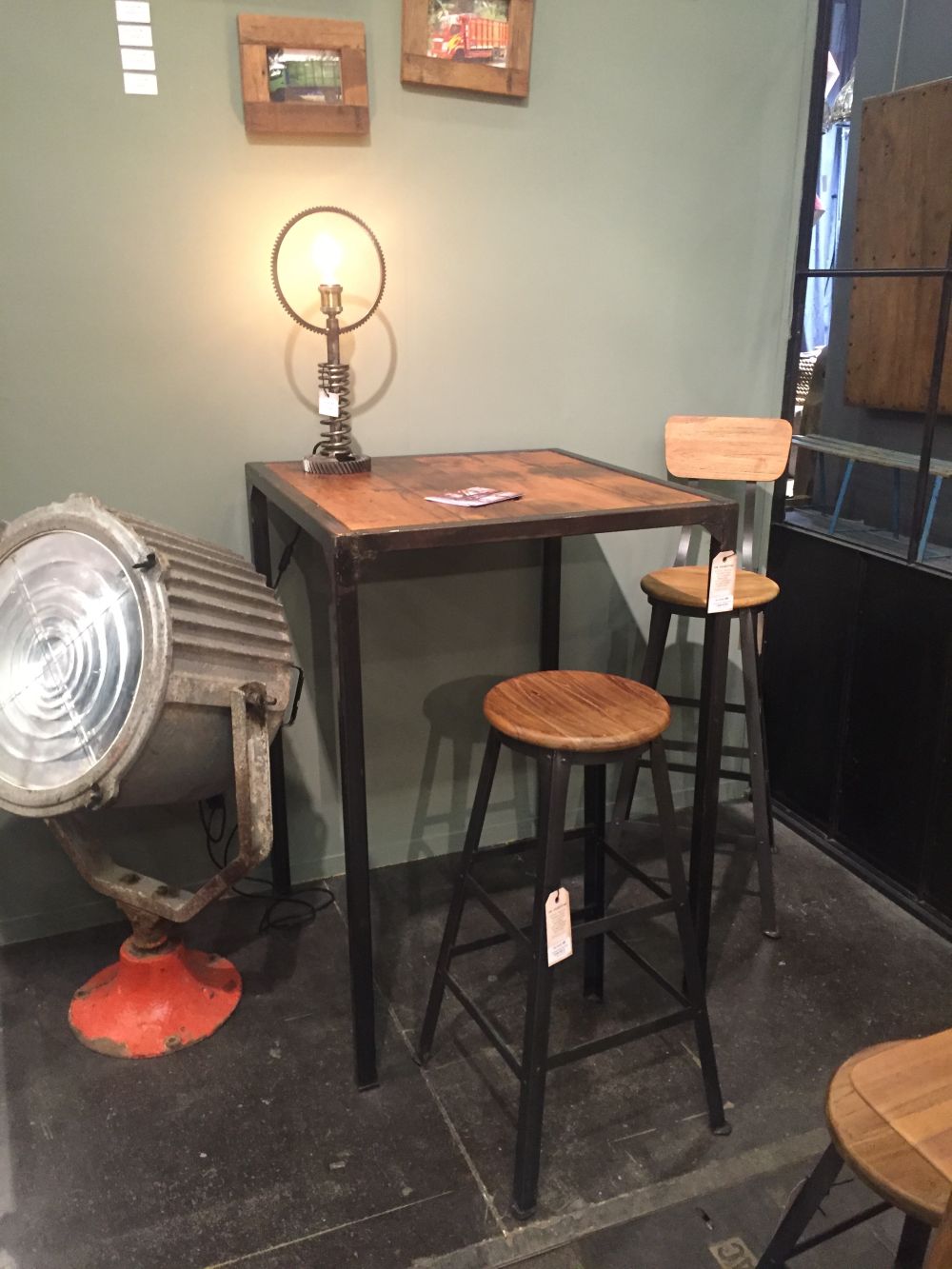 Industrial bar table with stools from rectangular metalic legs