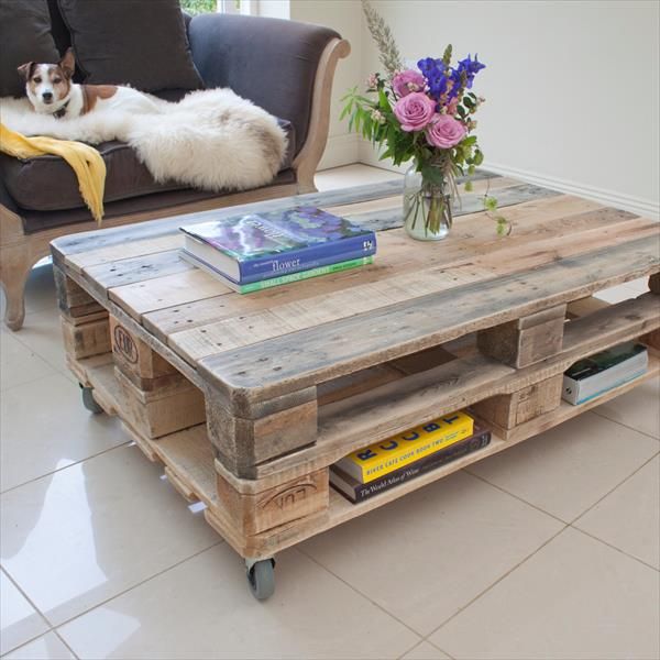 Industrial pallet coffee table on wheels