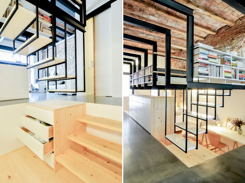 Industrial small loft design with bookshelf and floating stairs