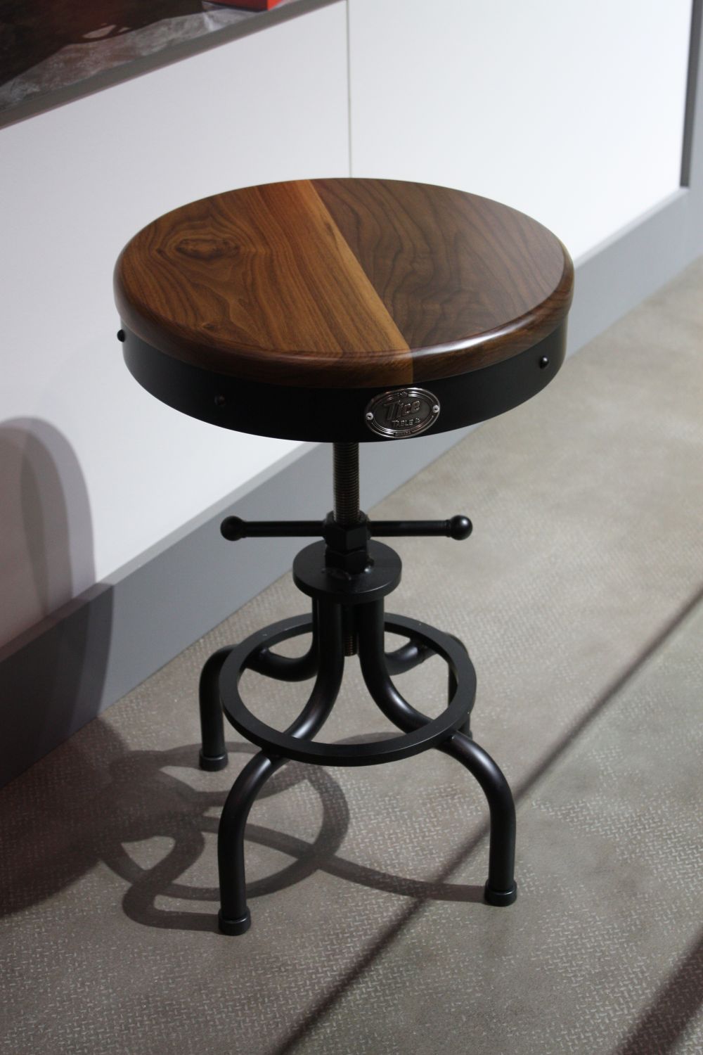 Industrial stool with walnut seat