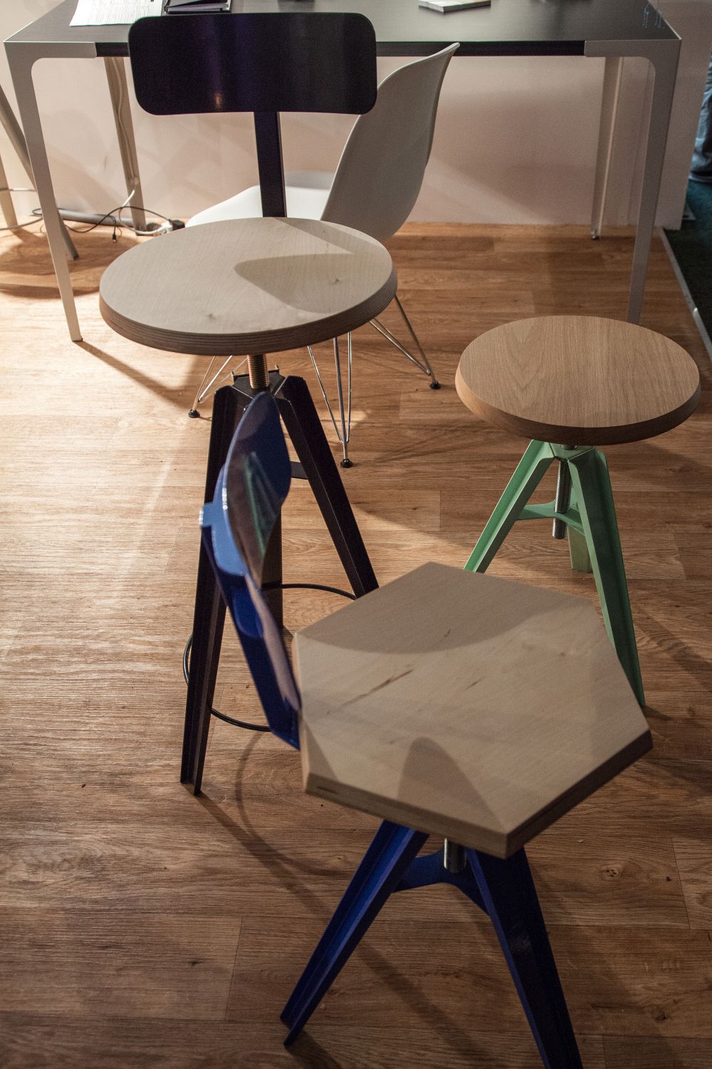 Industrial stools with colorful base and hexagonal wood seat