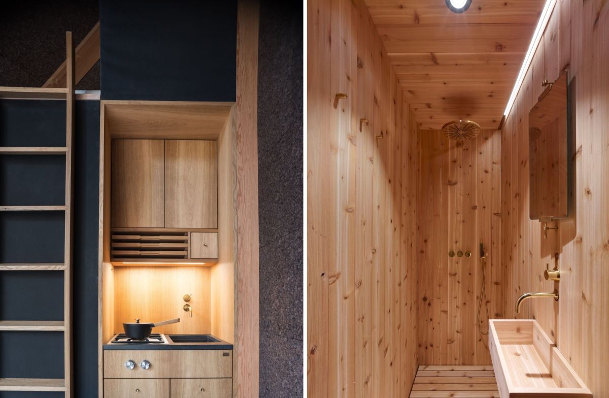 Interior of a small home kitchen and bathroom