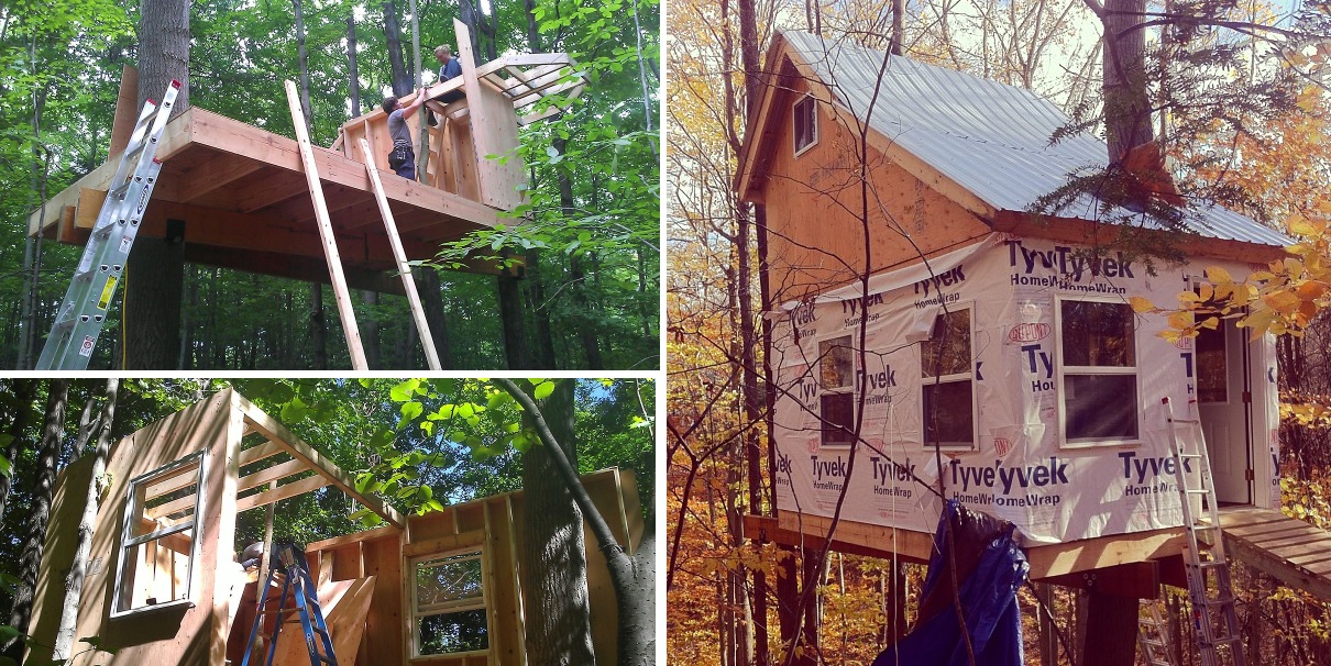 An actual house up in the trees with standard windows and doors