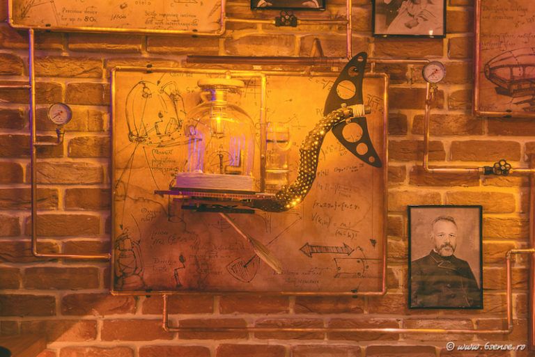 The walls of the cafe are decorated with unique installations