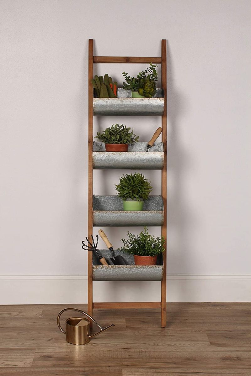 Kate and Laurel Pothos Wood and Metal Leaner Storage Bin Ladder