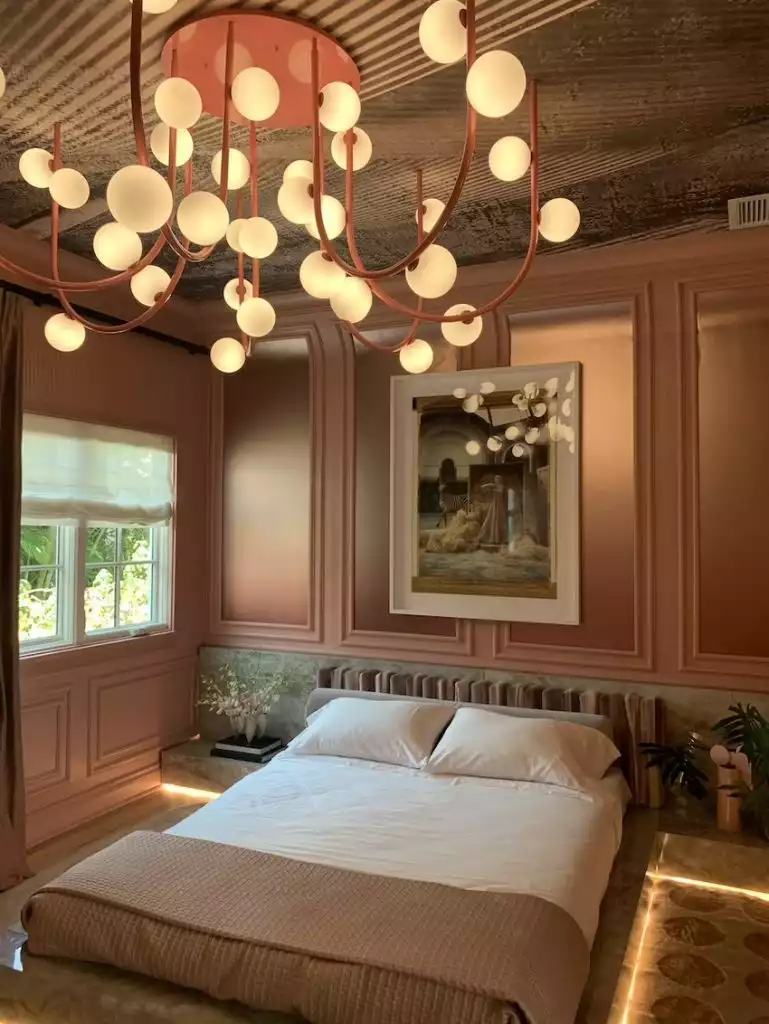 Kips Bay Palm Beach Showhouse the pink bedroom with LED lights