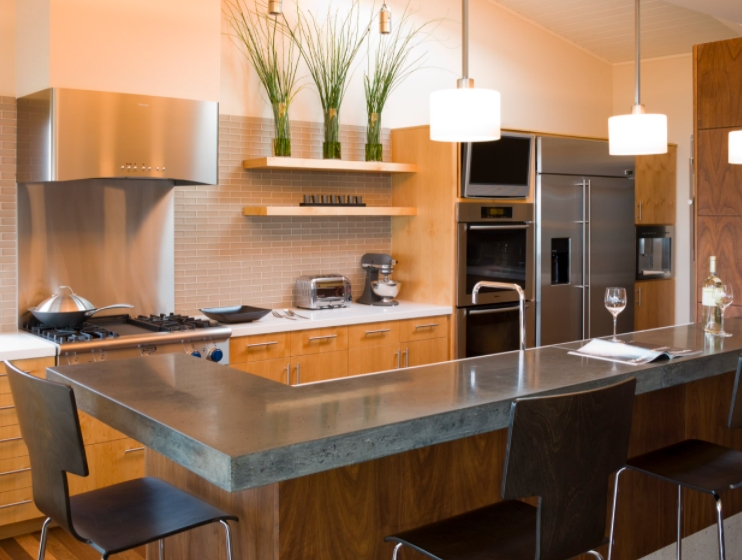 Kitchen island bar with concrete