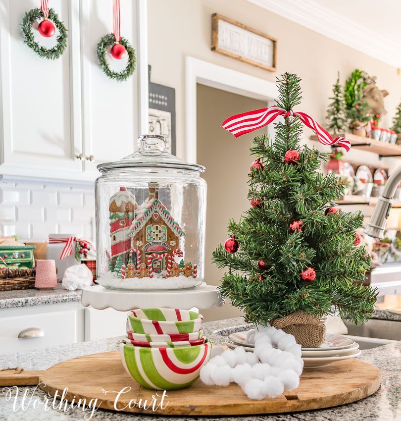 Kitchen island decorating with a small tree