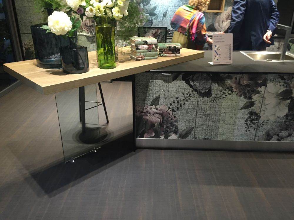 Kitchen island extension with a top and glass base floral pattern for lower cabinet