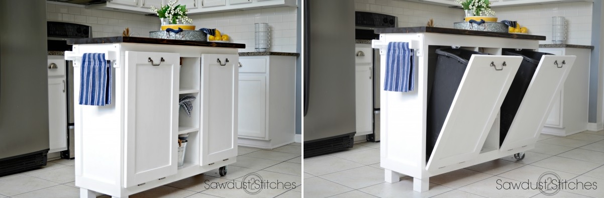 Kitchen island on wheels with trash bins