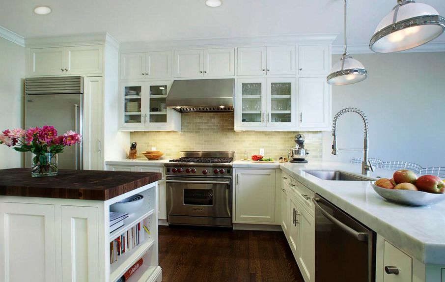 Kitchen island with a dark countertop